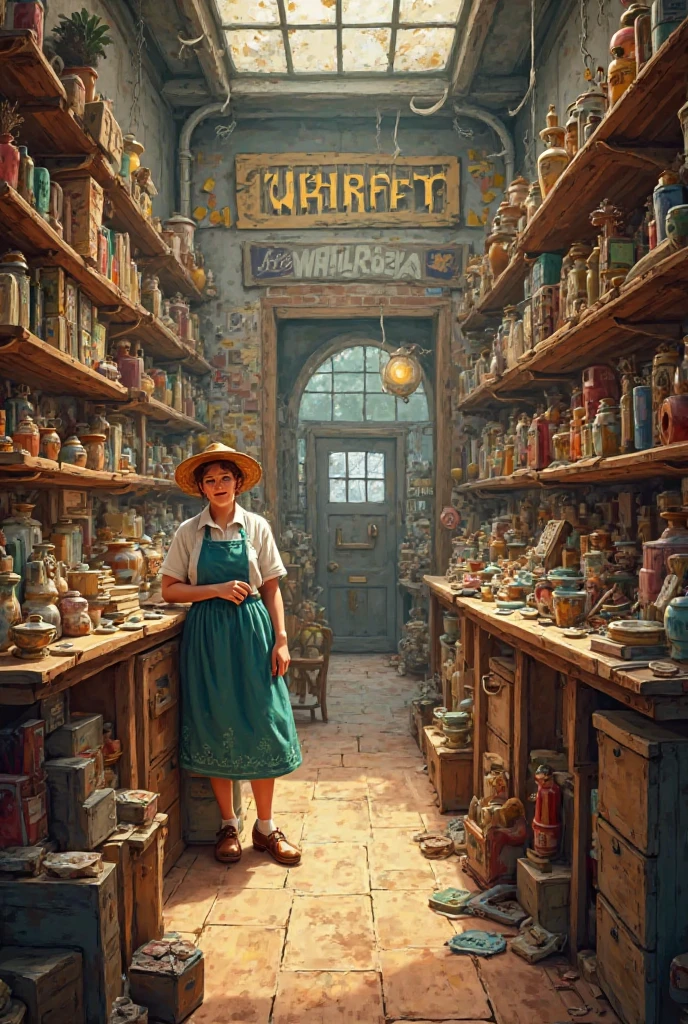 scene where old woman brewing the potion in her alchemist shop, There is a lot of herbs hanging from the ceiling, next to her is large tank for brewing and some metal pipes, stove for alchemy, tinkering, dirty leather clothes and thick leather apron, a lot of flasks and jars, gloomy mood