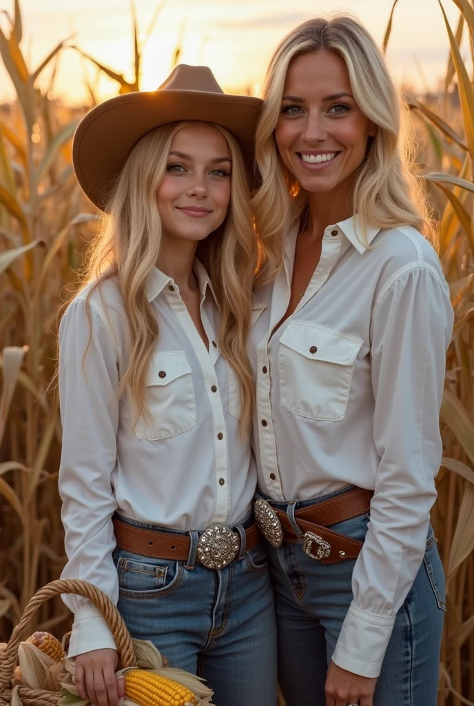 make an image for me in which a woman and a girl, both blonde and long-haired, are wearing a white shirt and jeans, with cowgirl belt and buckle, chapeu country marrom, adorned at the base with diamonds, the girl holds a basket with half-opened and vicious corn ears, the woman is right behind the girl and places her hand on her shoulder, both are looking forward and smiling, delicately shaped makeup. in the background you can see a beautiful corn plantation and some ears are visible, Everything is illuminated by sunset