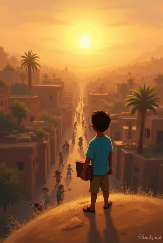 Image Prompt 8: Ali Returns to His Village

Character Details: Ali is back in his blue shirt and brown shorts, standing on a hill with a peaceful expression, holding the glowing magical book.

Setting Details: The village below is calm, with warm, golden sunlight casting over it. ren play in the streets, and people wave at each other in a friendly atmosphere. The horizon shows the setting sun.
