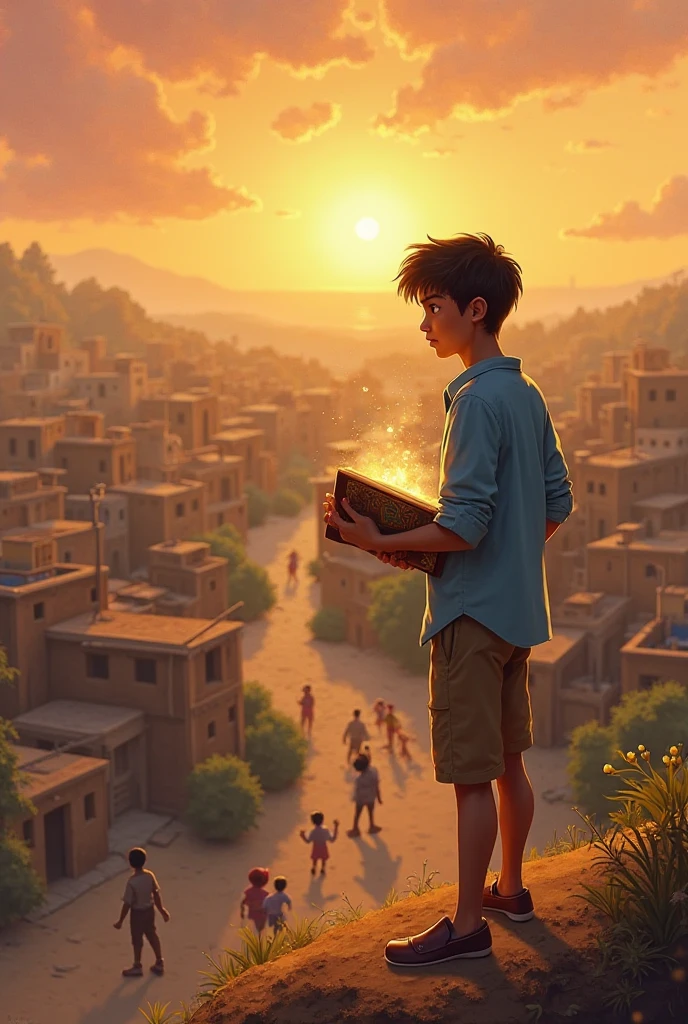 Image Prompt 8: Ali Returns to His Village

Character Details: Ali is back in his blue shirt and brown shorts, standing on a hill with a peaceful expression, holding the glowing magical book.

Setting Details: The village below is calm, with warm, golden sunlight casting over it. ren play in the streets, and people wave at each other in a friendly atmosphere. The horizon shows the setting sun.
