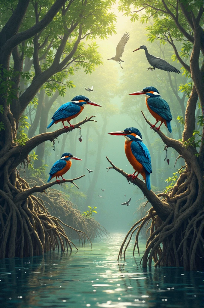 A vibrant scene depicting various bird species in the Sundarbans, including kingfishers and herons, perched on mangrove branches and flying over the water, with a lush green backdrop