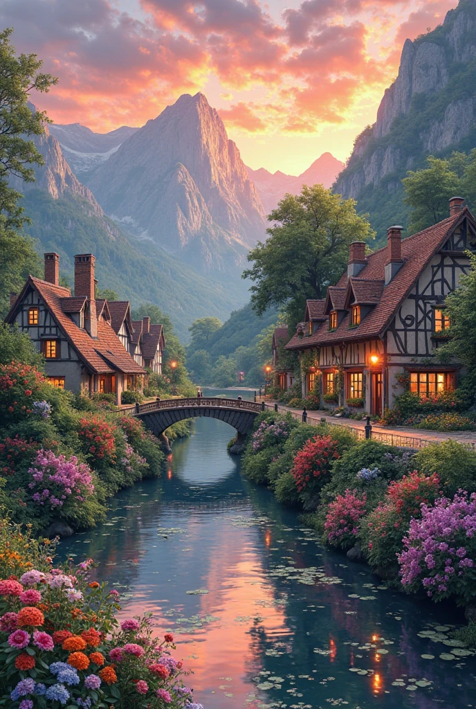 A small town by the river, mountains in the background, colorful floral flowers, detailed landscape, beautiful natural landscapes, atmospheric lighting, scorching sunset, warm colors, practical, photographic, detailed foliage, complex buildings, cobblestone street, charming country house, vibrant colors, lush vegetation, reflections in the water,  picturesque, idyllic, artwork, best quality, 8K, extremely detailed, anime style