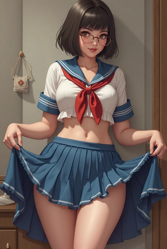 ((masterpiece,best quality)), highres, extremely detailed 8K wallpaper, depth_of_field, best shadow, (Colorful),(Delicate eyes and face), nice hand, Perfect hands, volumatic light, Ray tracing, BREAK
(1girl in), mogami \(kancolle\), black hair, short hair, black eyes / green eyes, swept bangs, small breasts, slender, skinny, open mouth, smile, blush, BREAK,
(wear white transparent school uniform top:1.3), (sailor collar:1.5), (red tie:1.3), (Parted clothes at the top and bottom:1.2), (short sleeves:1.1), (white string panty:1.3), (bare navel), (nipple:1.1), (under boob), (black lace stockings:1.2), High heels, BREAK,
Cowboy Shots, Looking at Viewer, stomach focus, bedroom, dildos on bed, night time, Ultra detailed backgrounds,