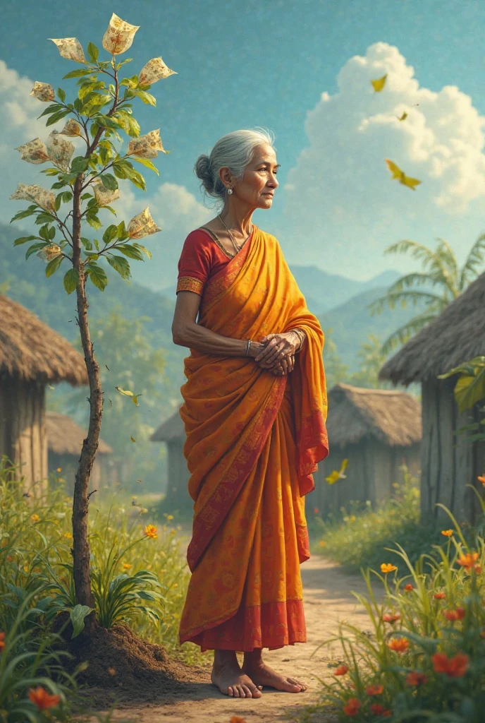 একজন সুন্দরী দাদি গ্ৰামীন পরিবেশে শাড়ি পরে দাঁড়িয়ে আছে। তিনি বাড়ির উঠোনে একটি টাকার গাছ রোপণ করে। গাছের পাতাগুলো টাকার নোট ছিল ছোট ছোট