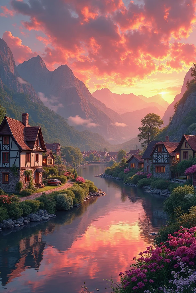 A small village on the river, mountains in the background, colorful flowers, detailed landscape, beautiful natural landscapes, atmospheric lighting,  glowing red sunset, warm colors, praktisch, photorealistic, detailed foliage, complex buildings,  cobblestone street, charming country house, swirling vivid colors, lush vegetation, quiet water reflections, malerisch, idyllisch, a work of art, best quality, 8k, extremely detailed, Anime-Stil