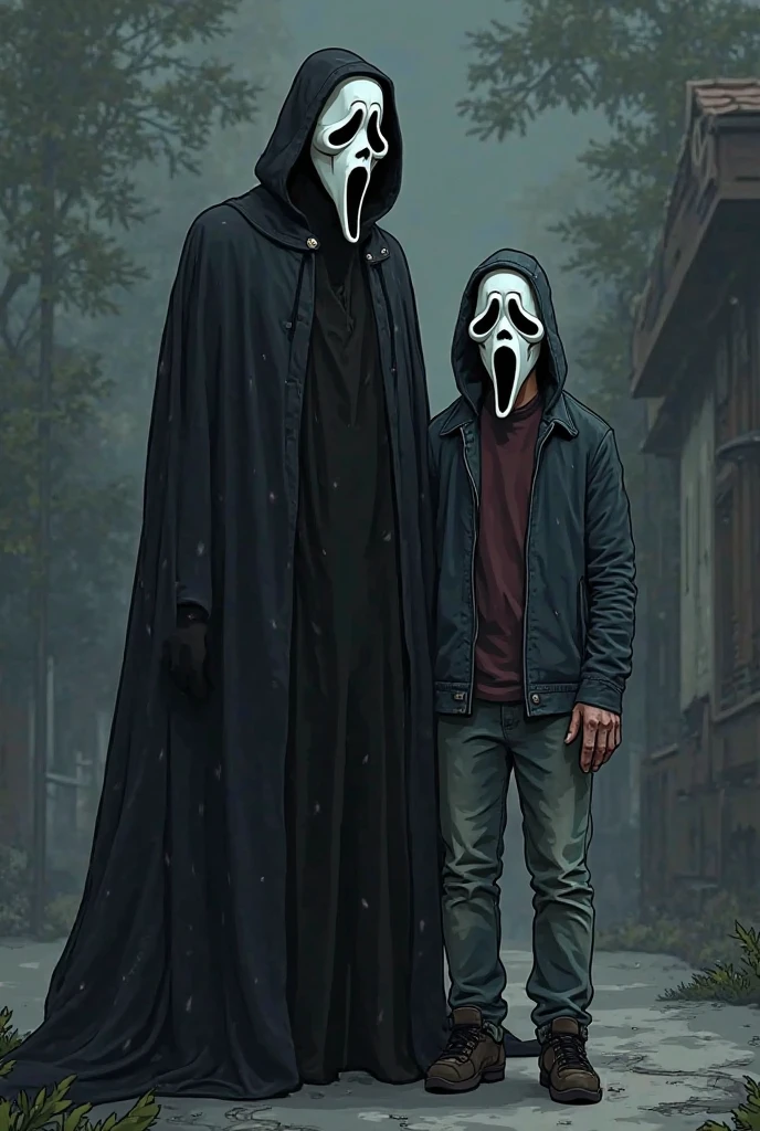 Ghostface from the horror movie scream wearing a black cloak another Man wearing ghostface mask wearing street clothes clout chasers cartoon