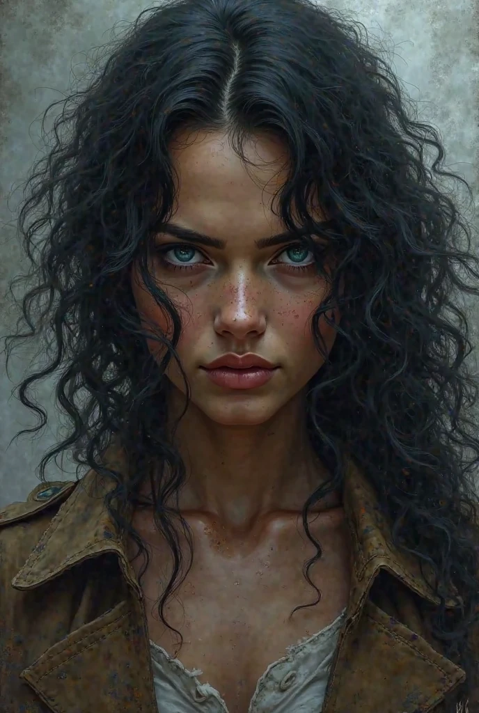 A woman with curly black hair, Dark skin and blue eyes. In the style of SNK season 4