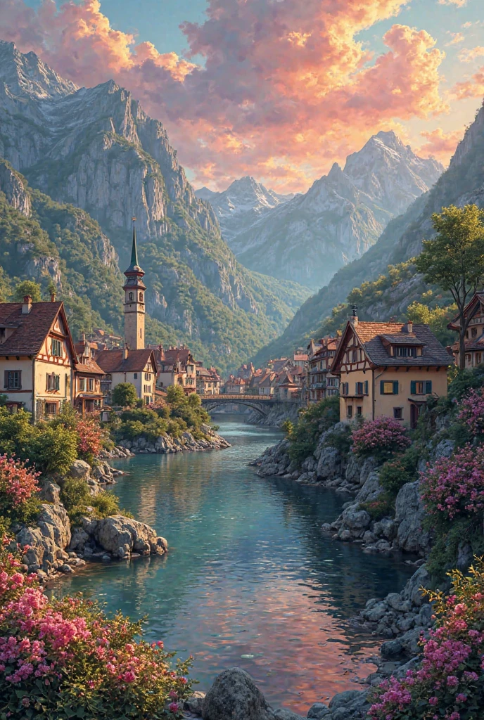 A small town by the river, mountains in the background, colorful floral flowers, detailed landscape, beautiful natural landscapes, atmospheric lighting, scorching sunset, warm colors, practical, photographic, detailed foliage, complex buildings, cobblestone street, charming country house, vibrant colors, lush vegetation, reflections in the water,  picturesque, idyllic, artwork, best quality, 8K, extremely detailed, anime style