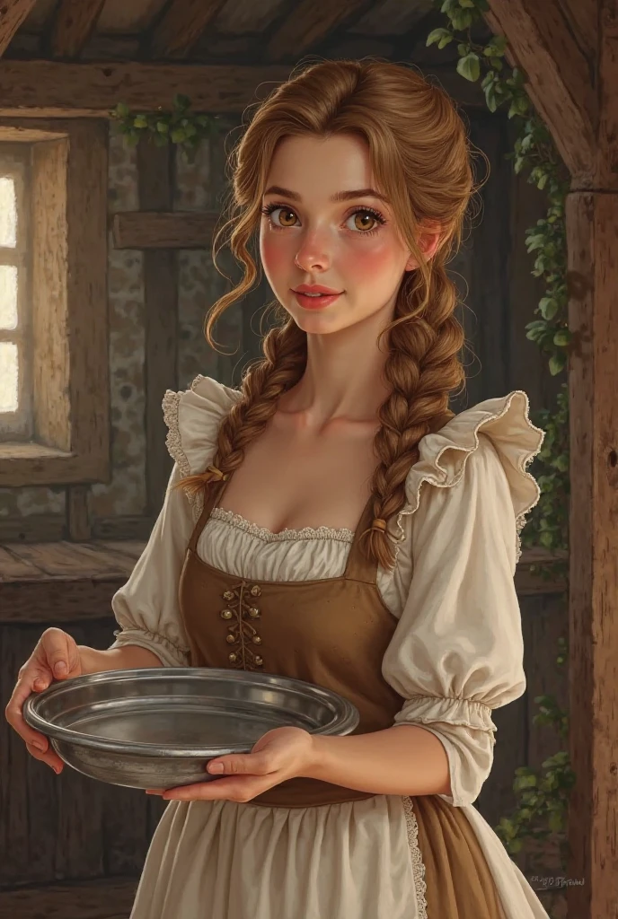 Make a cute maid from the Middle Ages. she is 25 . She has wheat hair and brown eyes.