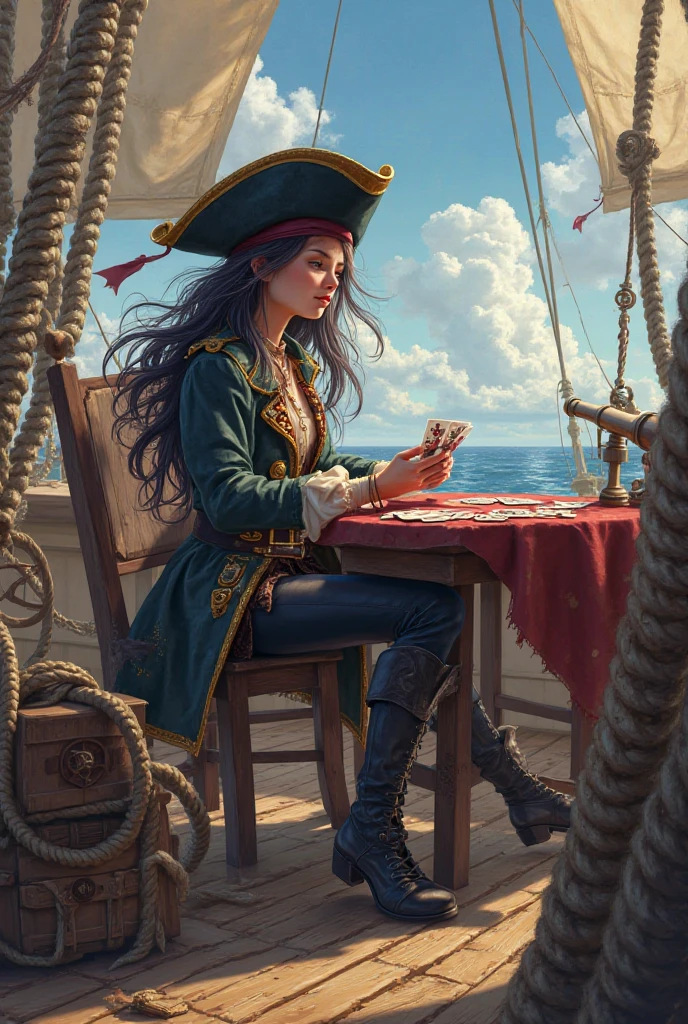 A girl with white skin and black hair in a pirate suit plays cards on the deck of a ship