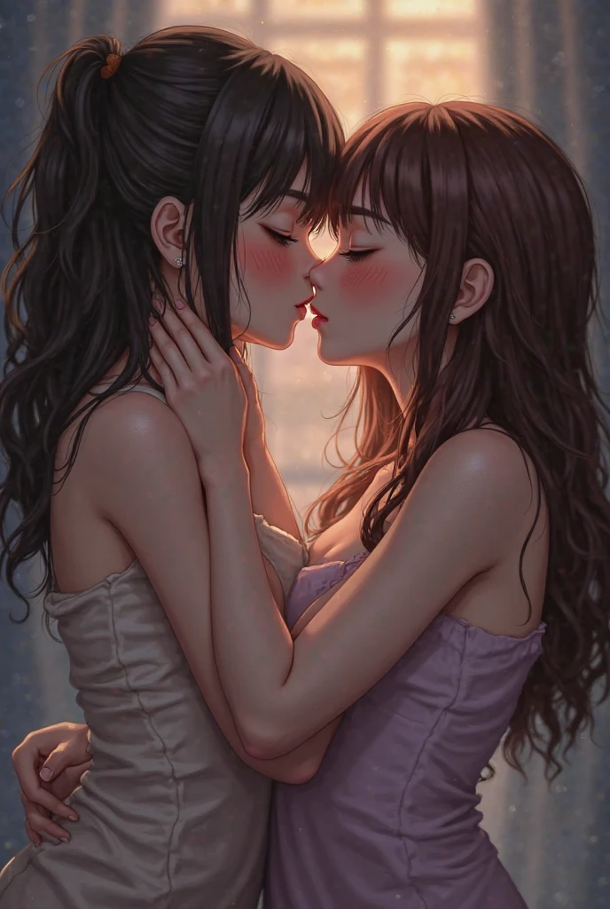 masterpiece, quality, A high resolution,((( 2 girls))), ((Yuri)), ((this kiss:1.4)), giving a hot kiss, in the bedroom, sexy lingerie