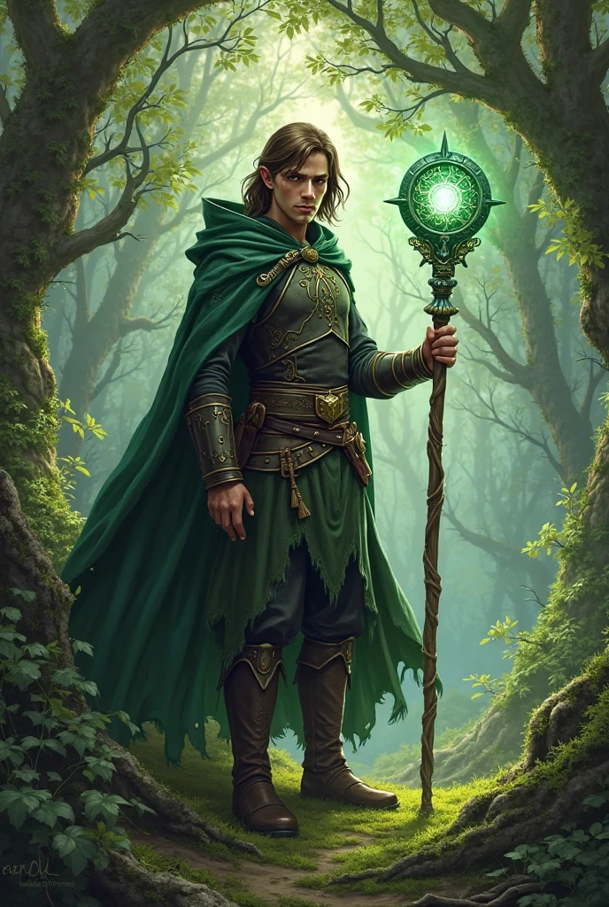 A male half-elf occultist with medium-length brown hair with a moonstone staff and leather armor with a green cloak and in a forest