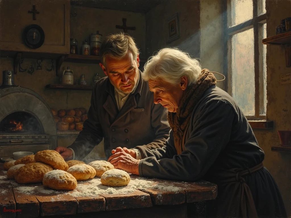 Emotional scene. A dim bakery at dawn: an elderly woman (Lyudmila) protects Sergei from a gangster (Igor). Light from the oven highlights flour in the air. Details: wooden counter, dough on the table, a cross on the wall. Style: realistic with soft brushstrokes, Rembrandt lighting.