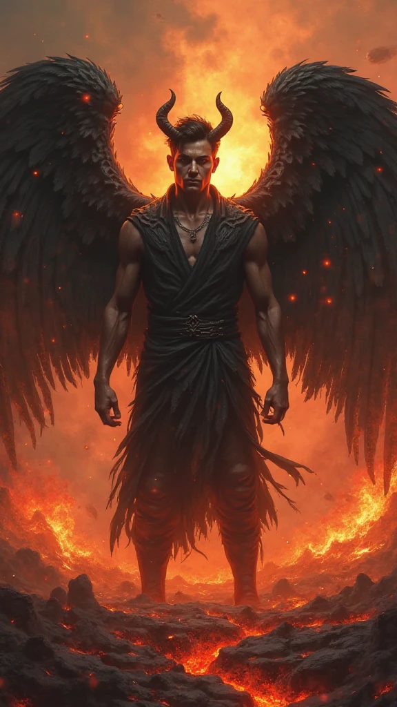 An epic bald angel half angel half demon with blacksmith hammer with tattoos of the letters MJAZ VG on his clothes VG with fire on his right hand and white light on his left hand