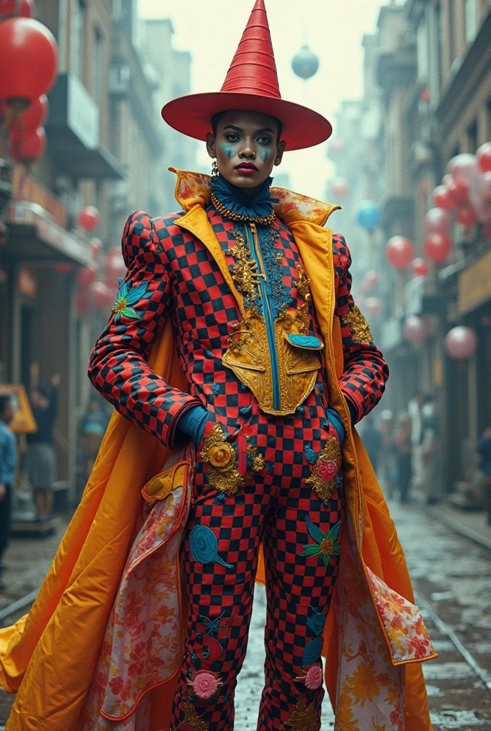 fashion clown fashion outfit in red, black, yellow and blue colors