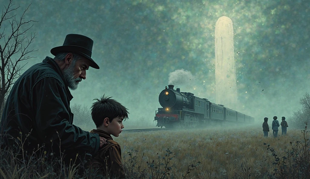 “Dark comic style illustration with surreal touches. In the foreground, an old man with a hat and serious expression telling a story, next to him a grandson with a surprised face. behind them , a hazy scene: a train stopped in the field, a giant white tower covered by fog, and faceless human figures looking up at the sky. intense colors, dramatic shadows, mysterious and dreamlike atmosphere . cinematic composition , perfect for a science-fiction YouTube miniature.”