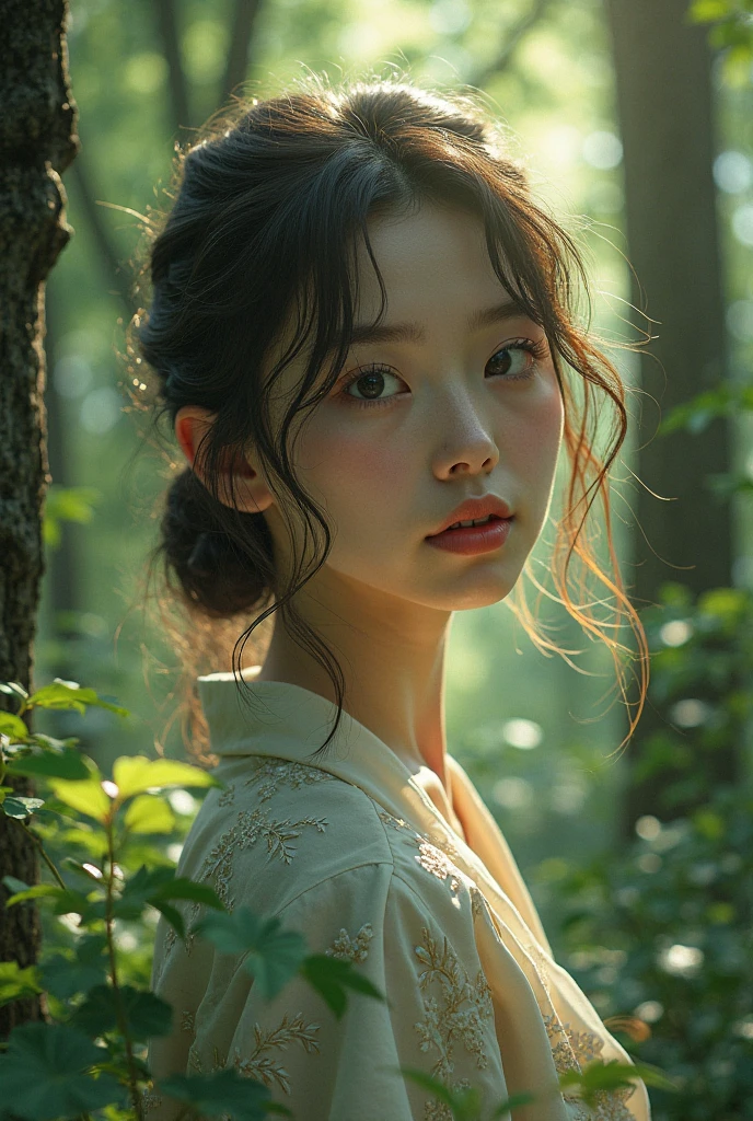 beutiful japan girl with beutiful brestin forest