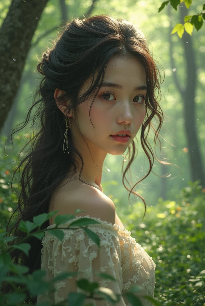 beutiful japan girl with beutiful brestin forest