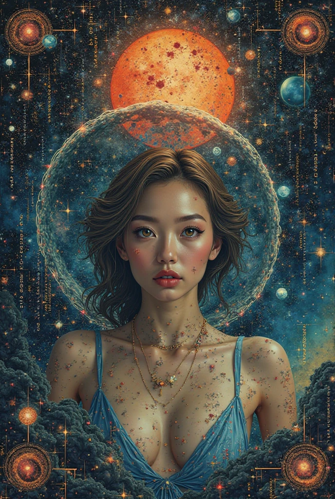 A space picture of a girl and many different inscriptions, for a sex shop on the wall, canvas