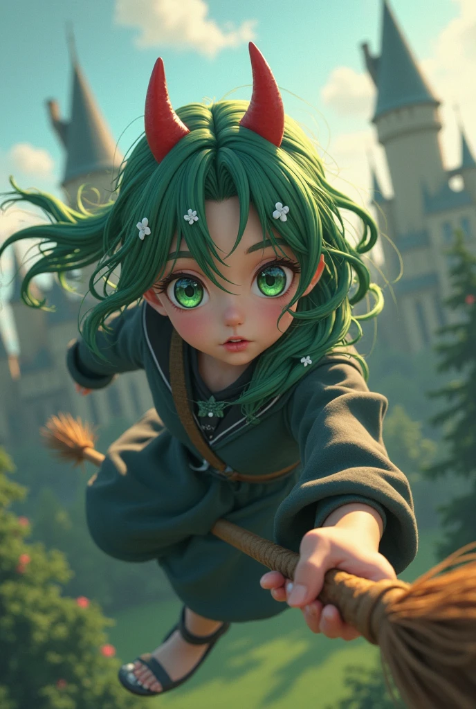 Girl with Long green hair and green eyes adorned with small white hair clips and red horn-like accessories on top. Playing Quidditch, anime theme, anime girl. Hogwarts, Full body model