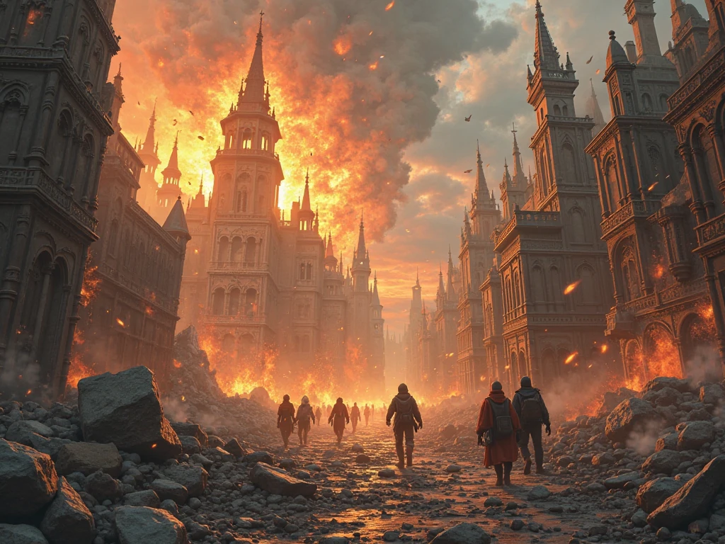 A stone city is attacked, And several fireballs fall from the sky 