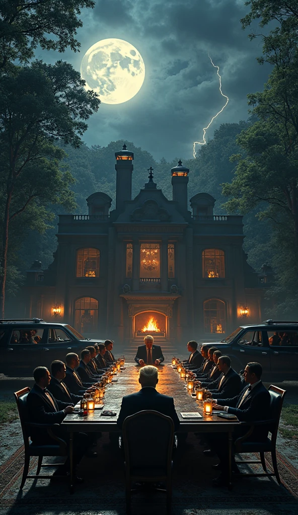 Ultra-realistic, cinematic 8K digital artwork: A moonlit, isolated mega-mansion hidden deep in the forest, surrounded by black SUVs and private security. Inside, a secret meeting unfolds in a lavish room lit only by fireplace and dim chandelier. Donald ????? is seated at the head of a long, antique table, speaking with faceless billionaire elites in tuxedos, their faces partially hidden by shadow. No phones, no cameras — only encrypted briefcases, old whiskey, and a glowing contract titled “Influence Protocol.” On the wall, a safe holds classified folders stamped “NO OFFICIAL RECORD.” Through a nearby window, a lone whistleblower watches from the woods with a camera, capturing the moment. Above, the sky is stormy — lightning strikes. News banners overlay faintly: “WHISTLEBLOWER REVEALS SECRET MEETINGS IN REMOTE MANSIONS — NO OFFICIAL RECORDS FOUND.” Hyper-detailed, suspenseful, thriller atmosphere, photorealistic with noir energy.