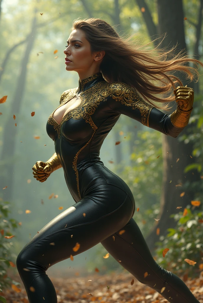 She dodges quickly to the side and raises her gold-gloved left hand.

Dynamic action pose with motion blur.

Forest blurs behind due to motion.

Female Outfit must still be the black bodysuit with gold patterns, glove on left.

