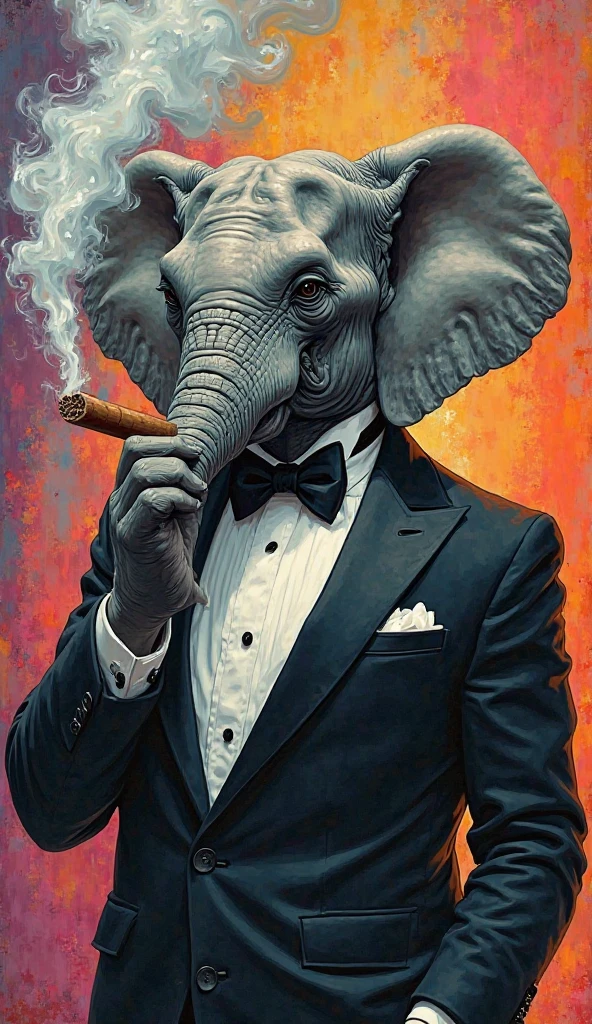 A watercolor painting of an elephant in a tuxedo holding a glass of champagne, on white, in the style of navy blue and gold, charming character illustrations, dark gold and navy blue, paint dripping technique, sophisticated expression, gigantic scale, UHD image.