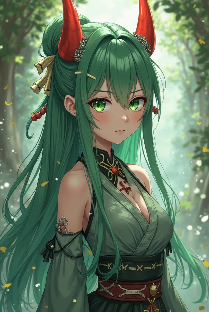 Girl with Long green hair and green eyes adorned with small white hair clips and red horn-like accessories on top. Anime theme, anime girl. Kunoichi. 