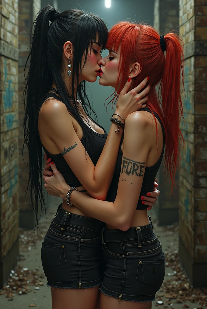 (2girls)、tits out、breastsout、sun burn、Expose muscles、Sweat muscles、Rippled hair、punk tshirt、Punk Girl、Navel Ejection、a miniskirt、no-bra、
Constricted waist