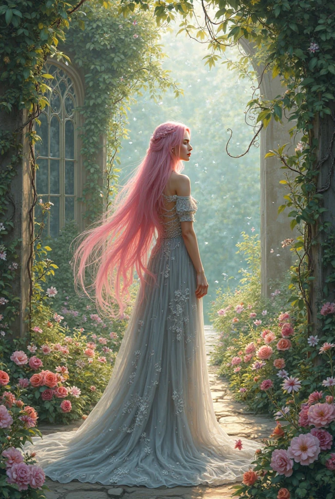  pink-haired woman, long gray dress, in a flowery garden. 