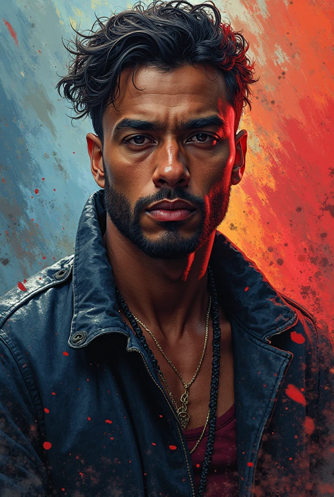 Realistic Digital Painting with Concept Art Elements"," digital painting," "concept art," "realistic," "high detail", "muscular",, "high-res", "ominous aura,", "8k resolution", "oil painting", "darker tone" , "little saturation" ,"dark feeling", "concept art" , "detailed features" , "detailed eyes" "1man" , "short beard black" , , "sitting" , "attractive", (masterpiece), best quality, expressive eyes, perfect face, Male, Silver hair, green eyes, ,black leather jacket, black pants with chains, portrait, white t-shirt, handsome, nonchalant and tired, sexy, muscular, scars across chest, biker, laughing, rubbing the back of his neck.