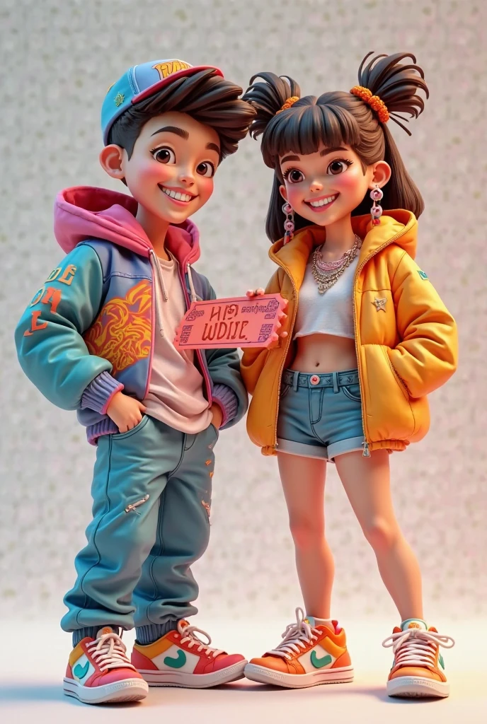 young couple hugging each other, high quality, cute face, smiling facing camera, colour of clothes must compliment viva magenta colour, awesome graphics, mascot kind of art