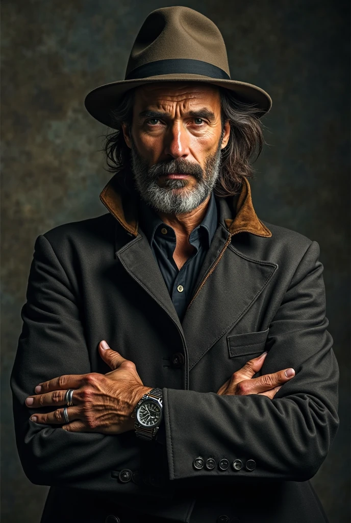 "A rugged, mysterious 52-year-old man with a strong, chiseled jawline and piercing eyes. He wears a vintage-inspired dark suit with a long, worn coat, tailored to fit his imposing frame. His shoulder-length, slightly unkempt hair flows beneath a classic fedora, adding to his enigmatic presence. A rugged beard enhances his tough, no-nonsense demeanor. His hands are adorned with silver rings, and a vintage wristwatch peeks from beneath his sleeve. The textures of his clothing—aged cotton and weathered leather—contribute to his gritty, cinematic aesthetic. His expression is serious, exuding the aura of a man who has seen it all. The lighting casts dramatic shadows, highlighting the textures of his attire and the sharpness of his features, creating an intense, noir-inspired atmosphere."
