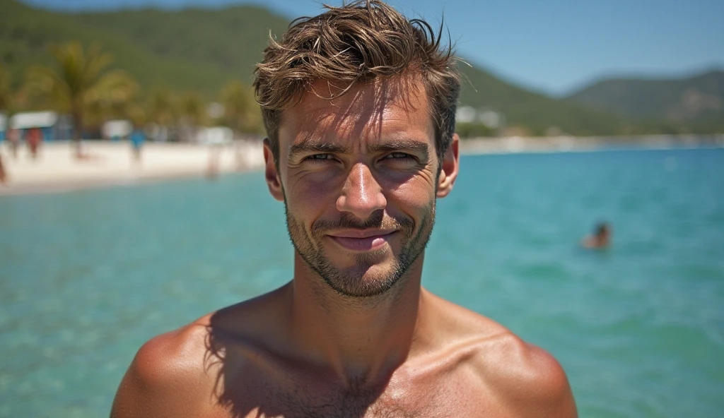 masterpiece, best quality, high resolution, closeup portrait, male focus, solo focus, A man, 60 years old, grey hair, old man,  in speedo, grey silver hair, messy hairstyle, cute and seductive face, old but attractive, bare chest, body hair, hairy armpits, facial hair, pale skin, sun freckles, roman nose, very skinny body, hairy legs, cute, white chest hair, very hairy chest, dimples, scruffy beard, very hairy armpits, bold jawline , sweaty, in the background a beach on a cloudy day,  view from below, amazing composition, front view, HDR, ultra quality, elegant, highly detailed