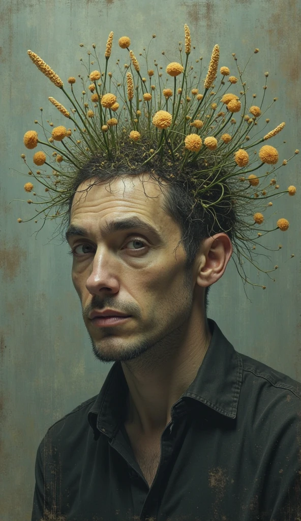 A surreal horror portrait of a man whose face is calm, but his scalp is open and blooming in a grotesque sesame garden