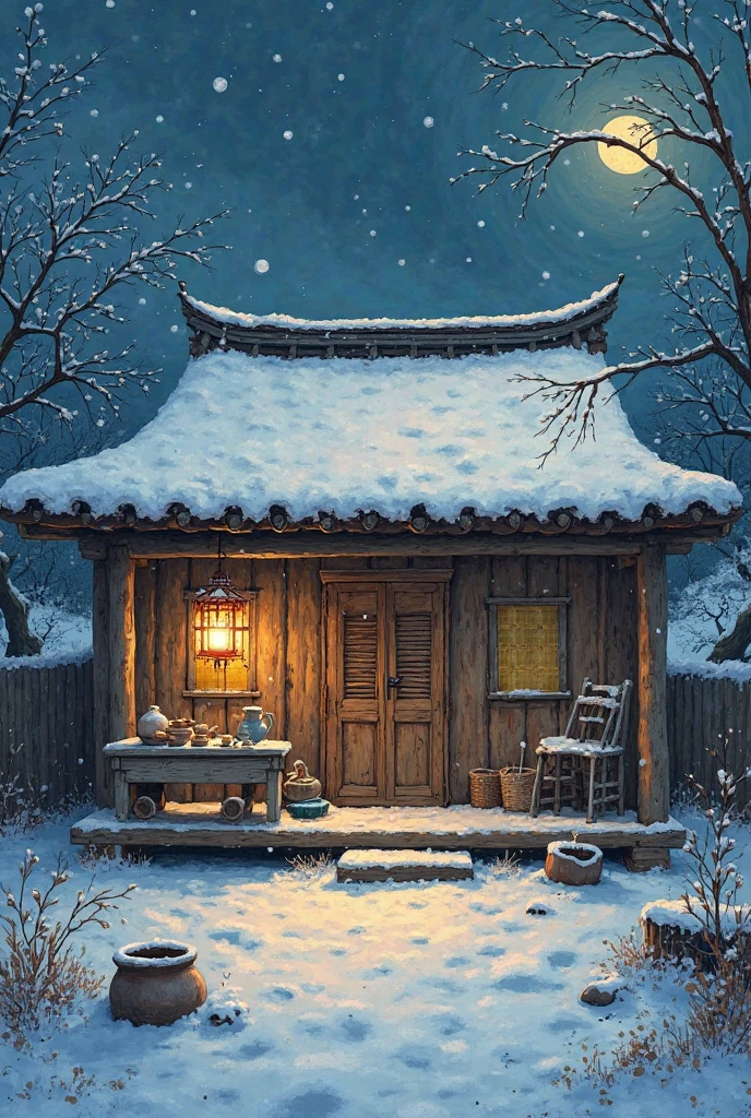 Create a painting. The old Chinese bamboo hut of every grandmother must be ancient, with thick snow, moonlight and lantern light at night, with wooden carriages, and the roof stands out as a patio. There is a medicine pot and a kitchen under the porch, a wooden shutter door is a little away from other people's houses.