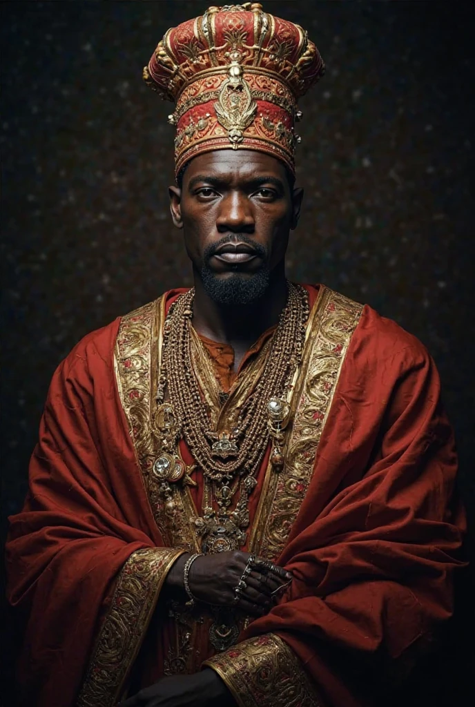 African king, wearing traditional royal clothes, intense eyes, cinematic lighting, dark background, dramatic portrait
