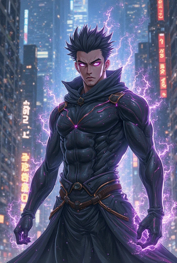 1boy, male, (knee-length frame: 2), handsome, (black metal bodysuit: 2), cyberpunk, (teenager: 0.9), belt, (black violet hair: 1.4), ear piercing, walking, (fire: 1.4) approaching, (domino mask: 2), (glowing eyes: 1.2), (blood on face: 2), (thin: 1.4), rangy, tendinous, (smirk: 0.4), purple lightning background, (purple sparks background: 1.4), masterpiece, detailed face, (lens flare: 2), light rays, (highlights: 2) ray_tracing, insane details, absurdres,