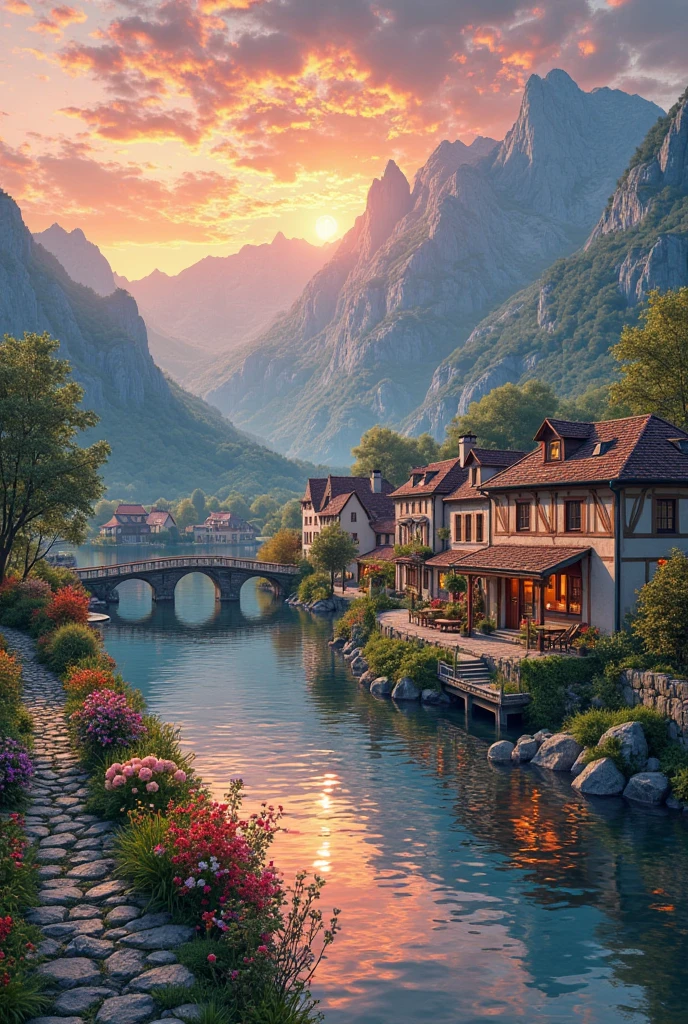 A small town by the river, mountains in the background, colorful floral flowers, detailed landscape, beautiful natural landscapes, atmospheric lighting, scorching sunset, warm colors, practical, photographic, detailed foliage, complex buildings, cobblestone street, charming country house, vibrant colors, lush vegetation, reflections in the water, picturesque, idyllic, artwork, best quality, 8K, extremely detailed, anime style