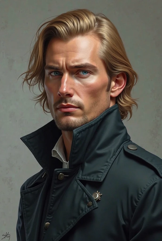 Blond Russian man with white complexion, expression would be with sky blue eyes, formal and muscular clothing 