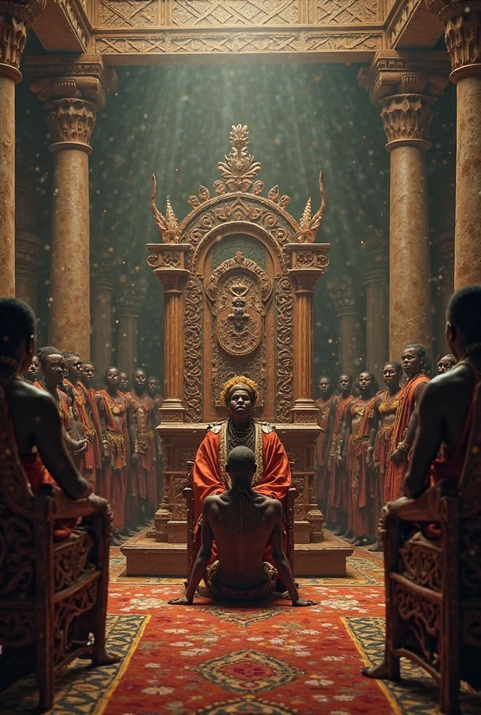 Historical African royal court scene, king on throne, accused kneeling, tribal architecture, people watching, cinematic style
