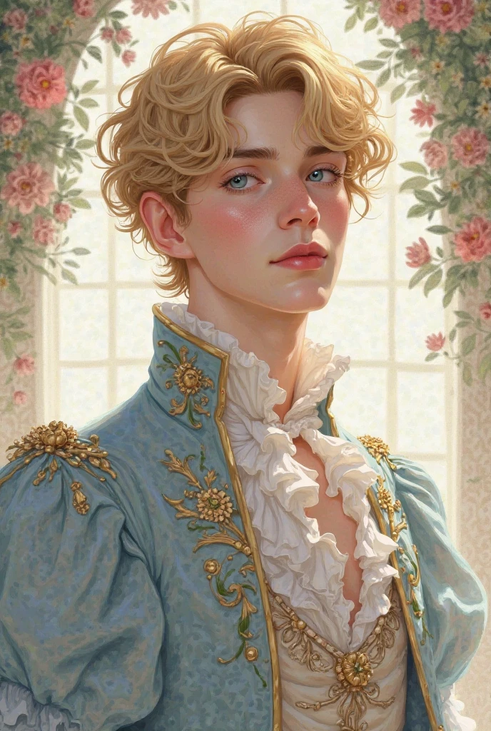 19-year-old blond boy with blue eyes wearing Rococo clothing, Manhwa style.