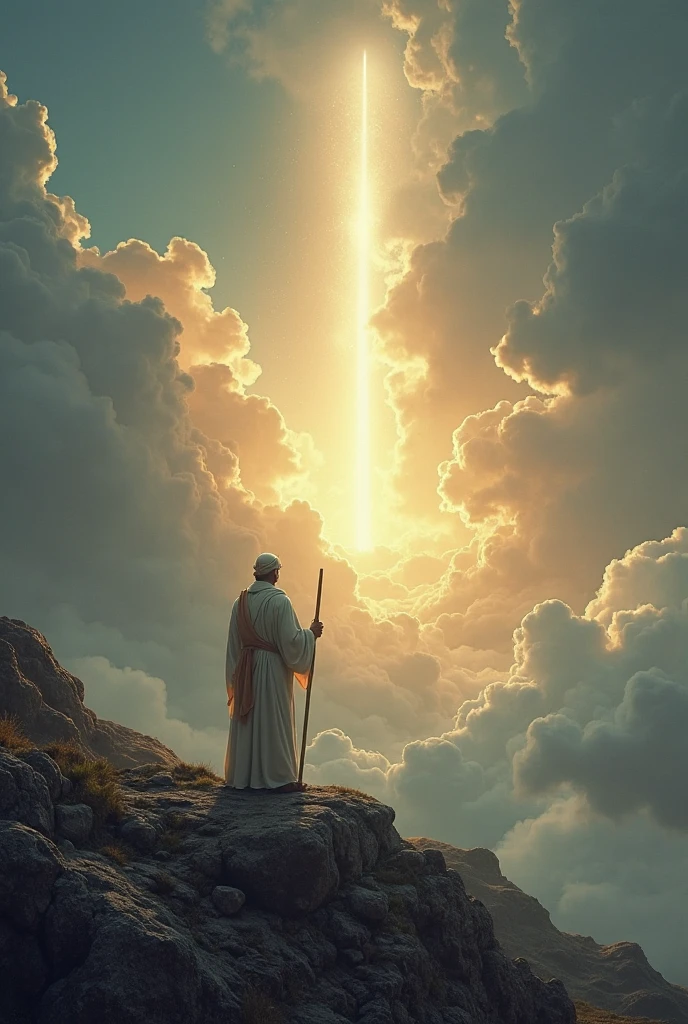 A majestic scene on a mountain where Prophet Musa (peace be upon him) receives a divine revelation. A glowing light represents Allah’s presence, illuminating Musa’s figure as he listens intently, holding his staff. The atmosphere is sacred and awe-inspiring, with clouds parting above and the mountain radiating peace.