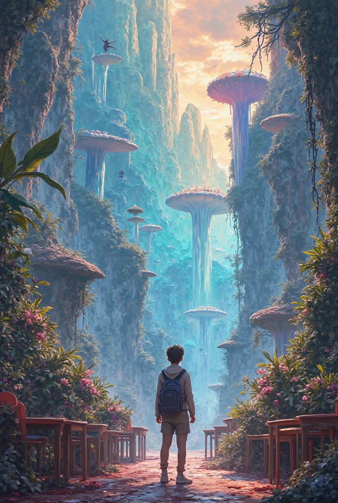 A college student just brought to the classroom (entering the classroom) and see a new world 