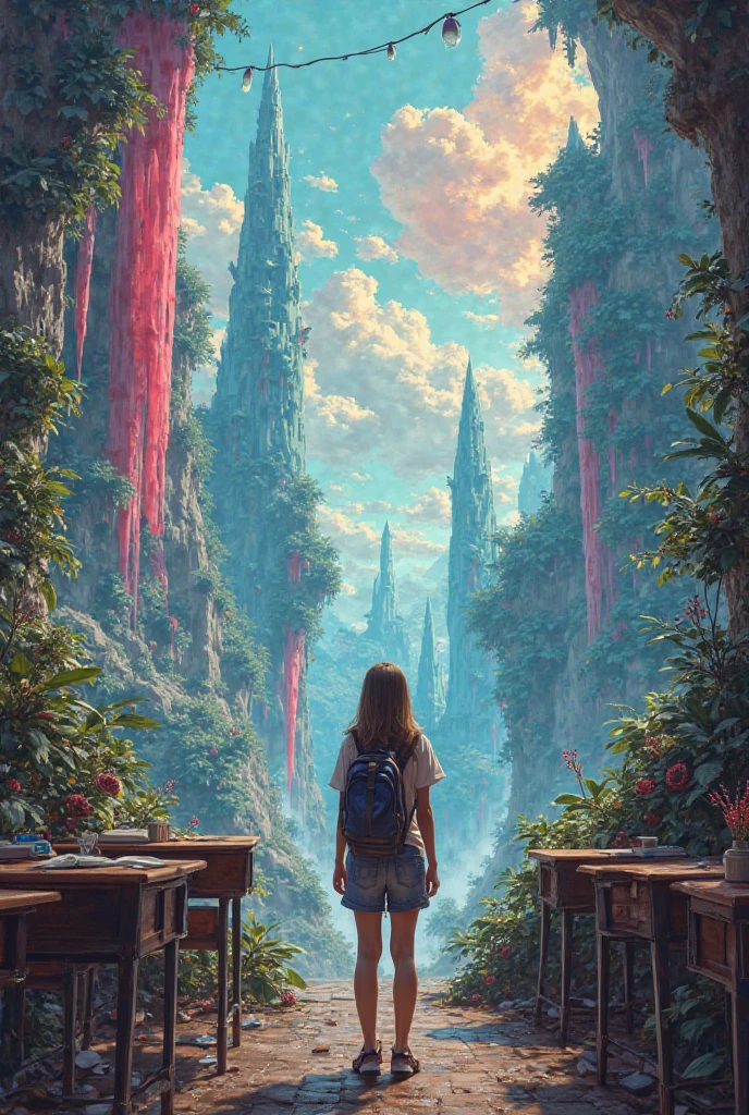 A college student just brought to the classroom (entering the classroom) and see a new world 