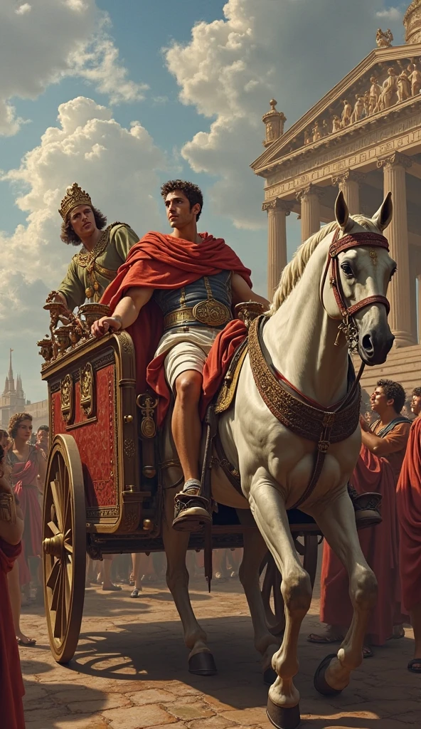 (masterpiece, UHD, oil painting, detailed:1.3), Emperor Nero, (dusty and disoriented next to an overturned chariot:1.4), Roman Imperial attire torn and grimy, ancient Roman arena, reigns tangled, chariot damaged, spectators in shocked silence, dust settling, warm hues, low angle shot, focusing on Nero's shock and the spectacle's aftermath.