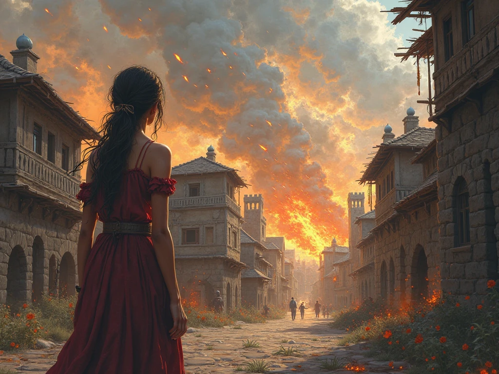 a city with stone houses, She is attacked and several fireballs fall from the sky, The city has no castles or houses for grown-ups 
