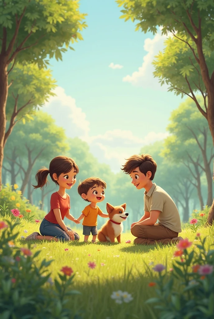 Picture of a family sharing a day with their ren in a natural environment full of large green areas