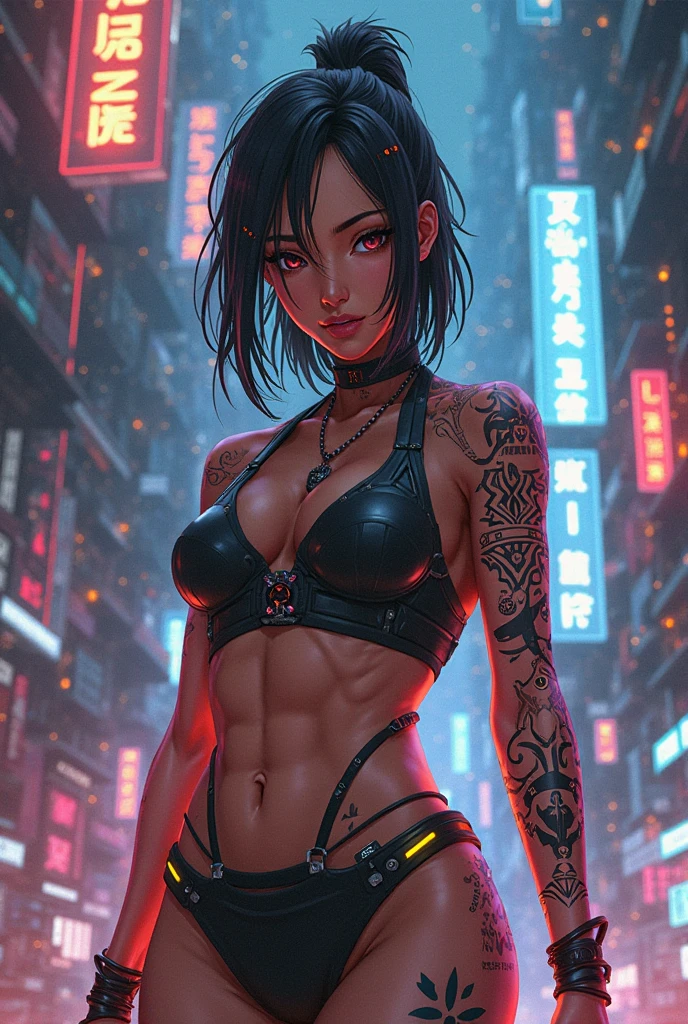 Generate a science-fiction anime character with brown skin, in a cyberpunk environment